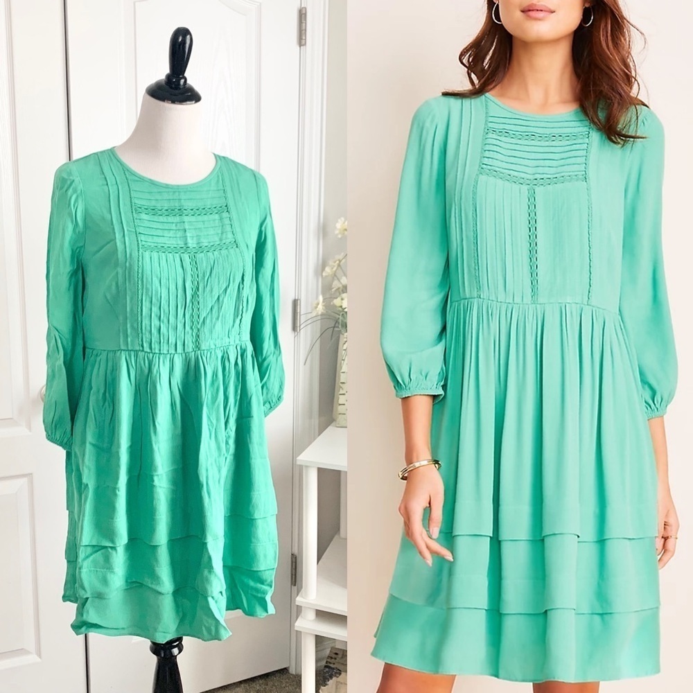 Ann Taylor Petite Pleated Shift Dress in Green